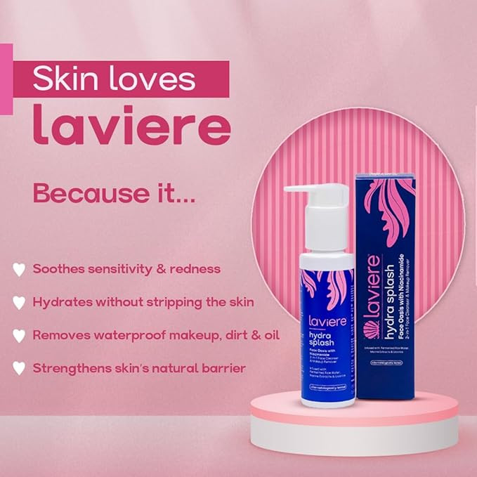 Laviere Hydra Splash 2-In-1 Hydrating Cleanser & Makeup Remover Cream | with Niacinamide, Rice Water, Red Algae, Licorice | Non-Comedogenic | for Hydration & Even Skin Tone For All Skin Types 100 Ml