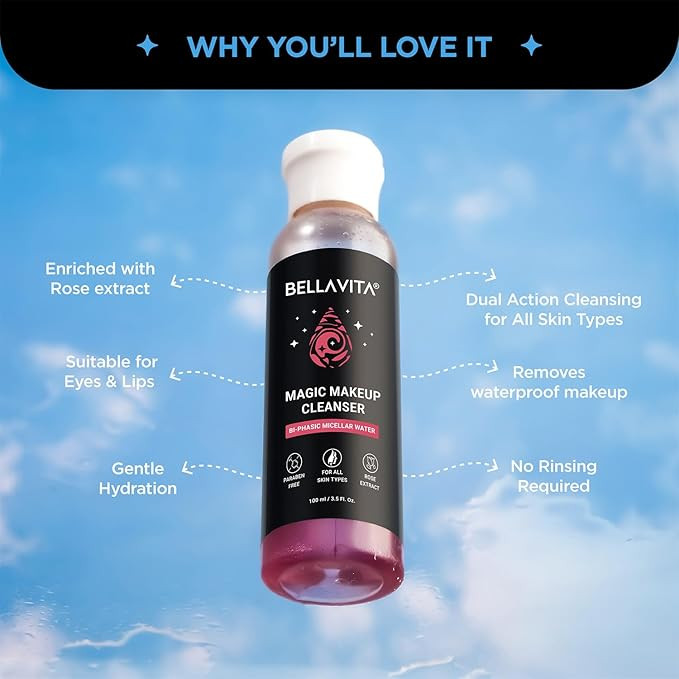 BELLAVITA Micellar Water Makeup Remover | Enriched with Rose Extract | Removes Waterproof Makeup | Dual Action Cleansing | Suitable for Eyes & Lips | Gentle Hydration Non-Greasy & Lightweight | 100 ML