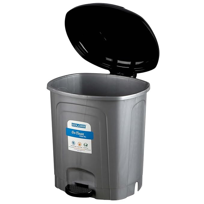 KOLORR Go clean 13 Litres Medium Size Plastic Pedal Dustbin Trash Can/Garbage Waste Bin with Lid for Home, Kitchen, Office, Bathroom & Washroom – Silver