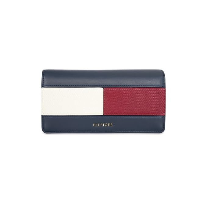 Tommy Hilfiger Women's Flap Wallet Laramie | Navy Solid PU | Full-Size Pouch with Detachable Metal Chain for Casual Fashion | Stylish Purse