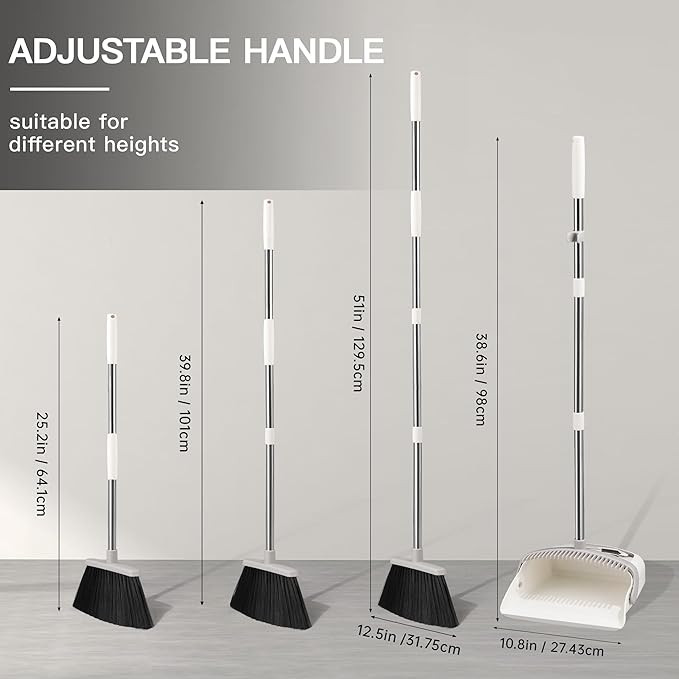 Broom with Dustpan Combo Set, Hand Broom and Dustpan Set for Sweeping Indoor Angle Broom for Home Office Kitchen Lobby Floor Pet Hair Indoor&Outdoor Cleaning (White&Grey)