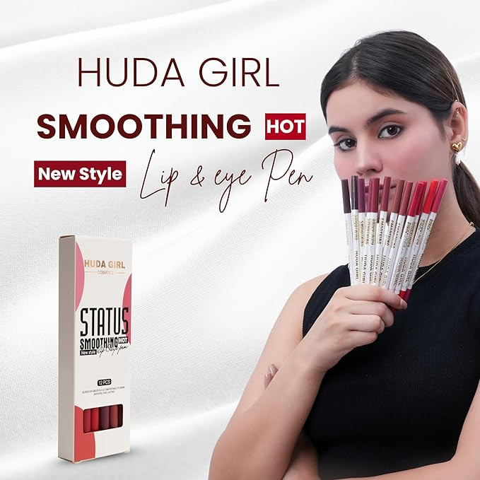 Huda Girl Lip Liner Pencil Set for Women and Girls - Soft Waterproof Smooth Lipliner Pencil, Long Lasting Matte Pigments in 12 Colors, Lip Liner Set