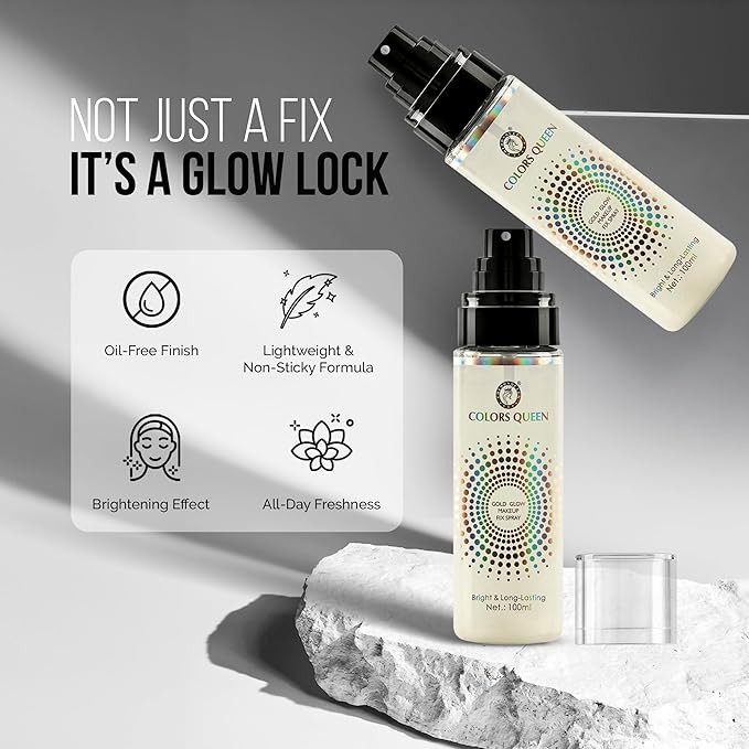 Colors Queen Gold Glow Makeup Fixer Spray – 100 ml | Long Lasting Makeup Setting Spray for Face Makeup | Lightweight & Non Greasy Makeup fixer Spray after Makeup, Infused with Aloe Vera Extracts