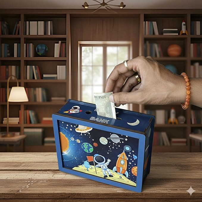 DARSHANAM WORLD Space Theme Money Bank for Kids | Baby Learning Piggy Bank | Cartoon Astronaut Rocket Design Coin & Cash Saving Box | Educational Gift for Children (Galaxy)