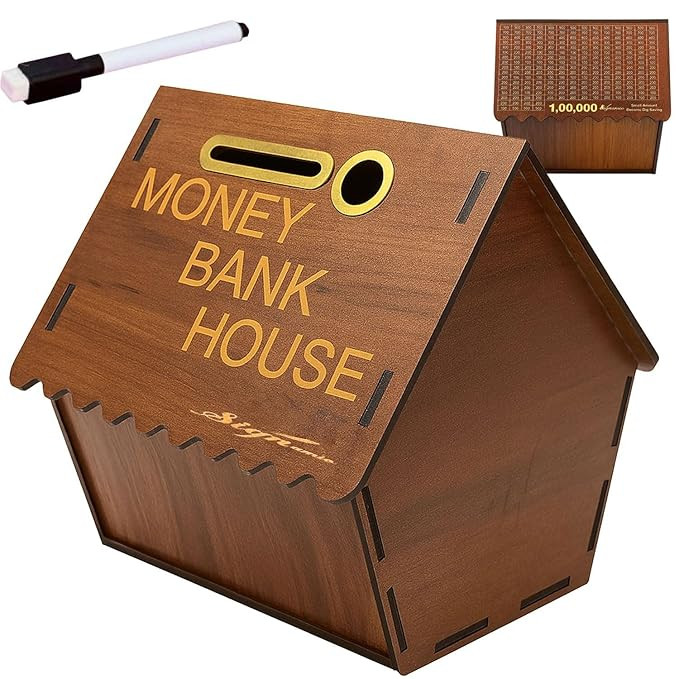 Signamio Wooden Money Saving Box for Adults - House Shaped Piggy Bank 100000, Elegant Money Box for Secure Savings and Home Decor, Durable Wooden Material
