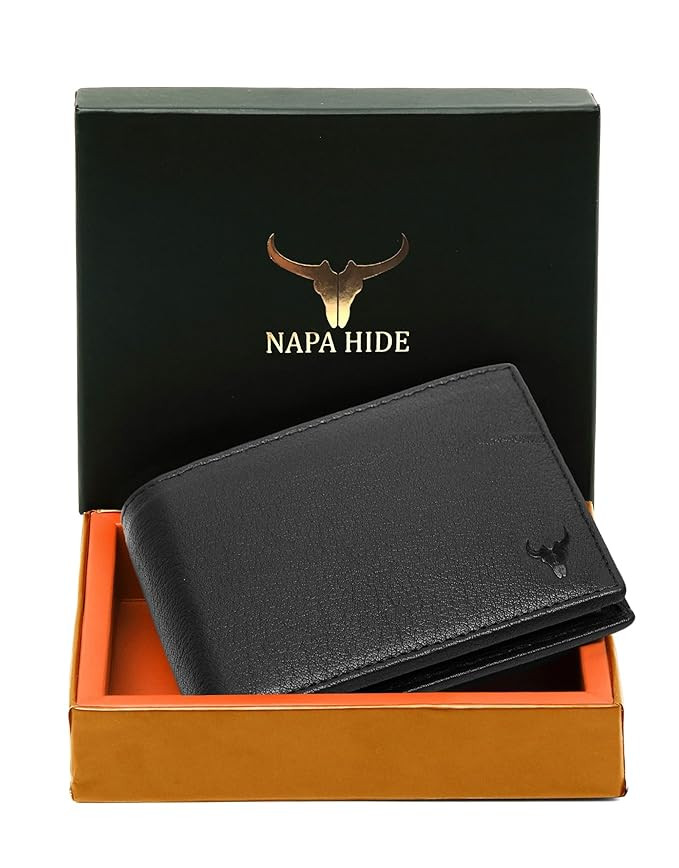 NAPA HIDE Black Leather Wallet for Men I Handcrafted I 4 Credit/Debit Card Slots I 2 Currency Compartments I 1 Transparent ID Window