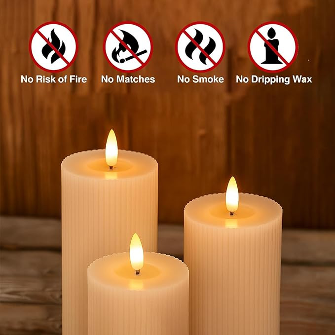 LED Pillar Candle with Flickering Effect | Set of 3 Realistic Flameless Candle, Battery Operated Light for Home Decor, Weddings, Parties, Festivals Decoration