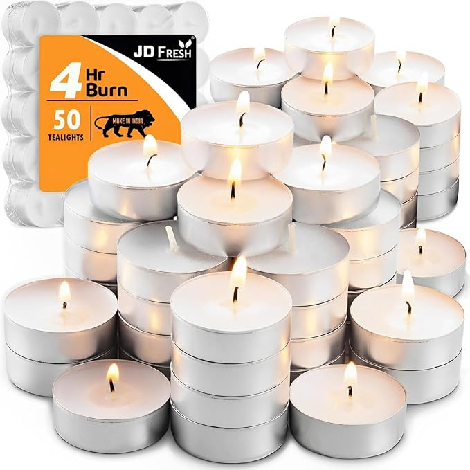 JD Fresh 50 Pieces Tealight Candles for Diwali/Smokeless & Dripless Candle/4-Hour Long Burning Time Each/Paraffin Wax Unscented Tealight Candles for Home/Wedding/Special Occasion/Emergencies (White)
