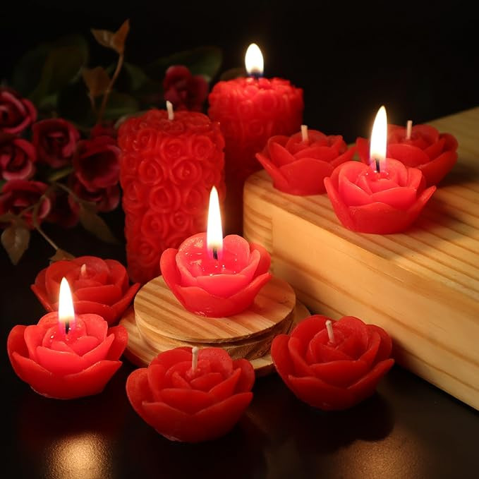 Scented Candles For Home Decor, Rose Fragrance, Pillar Shape And Floating Combo, Red Color, Pack Of 10, 4 X 7 Centimeters - Wax