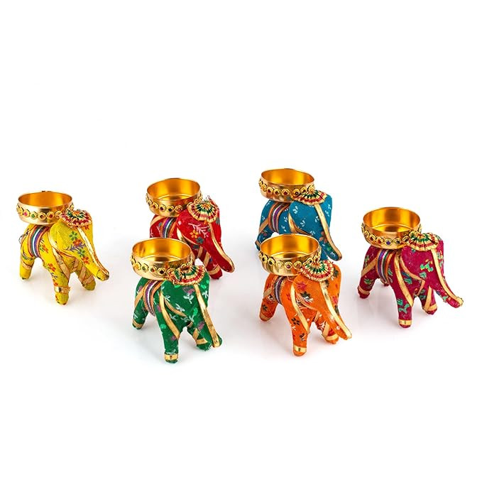JH Gallery Handcrafted Recycled Material Elephant Tealight Candle Holder Home Decoration Item for Diwali Decor (Multicolor, 8 X 5 X 10 Cm) - Pack of 6
